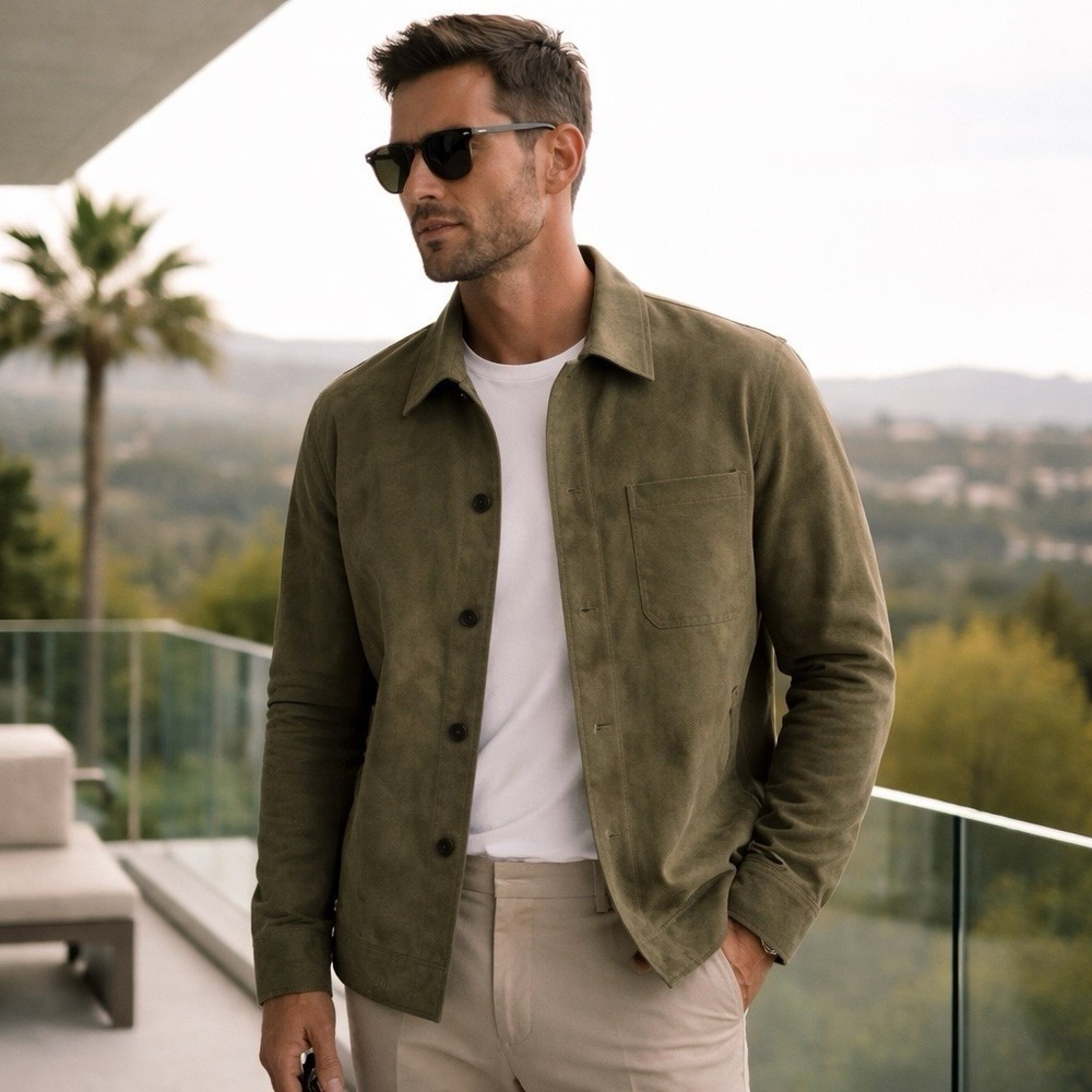 Harmony Paris Mens Goat Suede Jacket Olive Minimalist Luxury Button Size 54 M